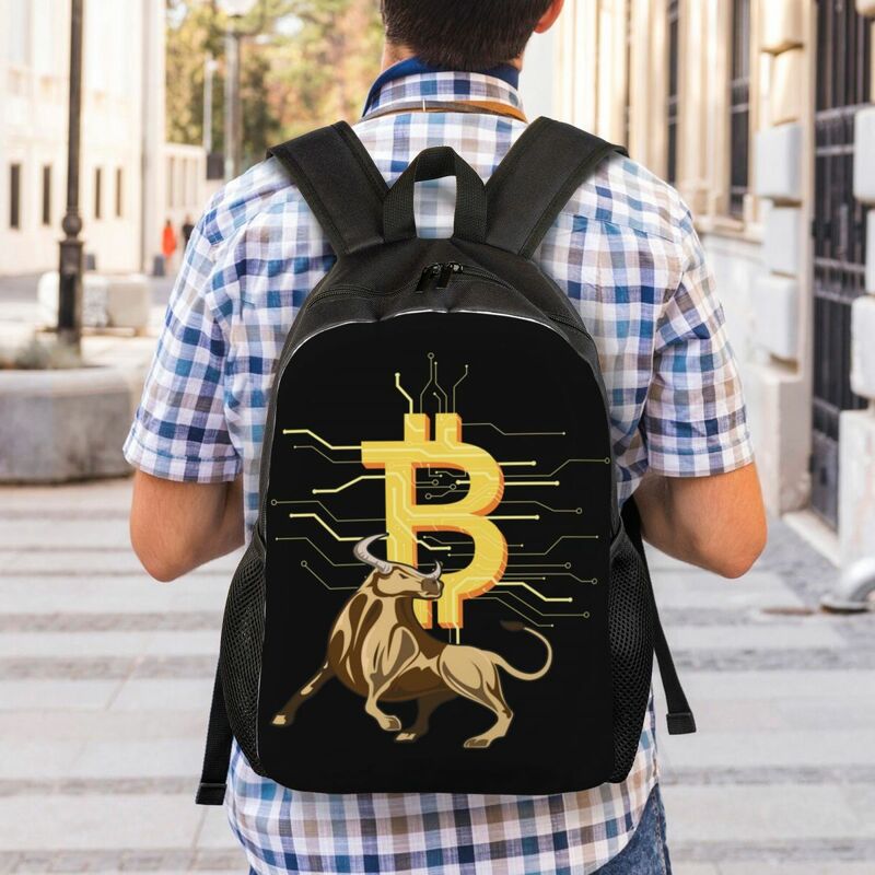 Mochila de viagem Bitcoin Bull para homens e mulheres, Escola Laptop Bookbag, Moeda Crypto BTC, Mochila de estudante universitário