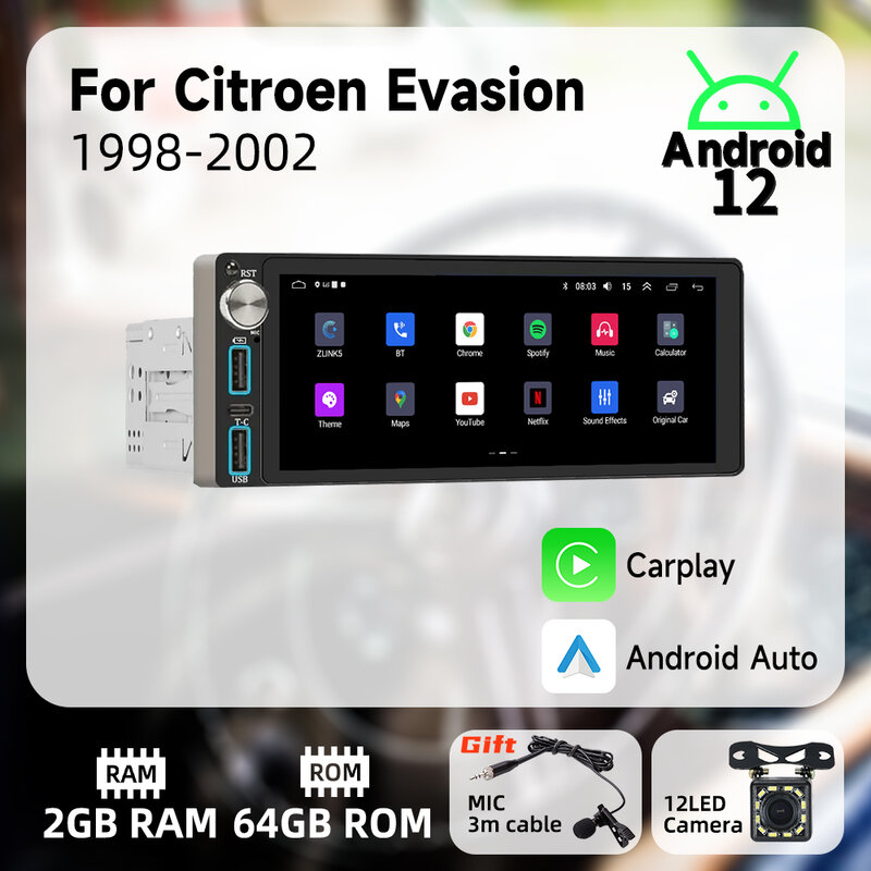 Radio Multimedia con GPS para coche, Radio con Carplay, 1 Din, Android, pantalla de 1998 ", estéreo, unidad principal, para Citroen Evasion 2002-6,86
