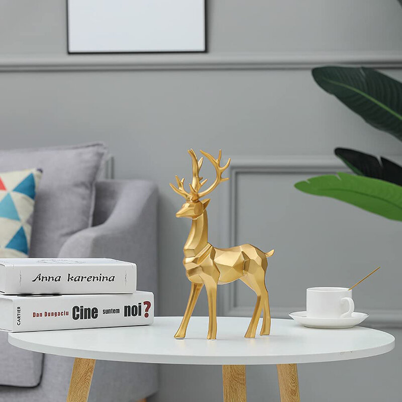 Resin Geometric Elk Sculpture Sitting Standing Deer Statues Christmas Reindeer Home Decor for Living Room TV Cabinet Wine Cabine