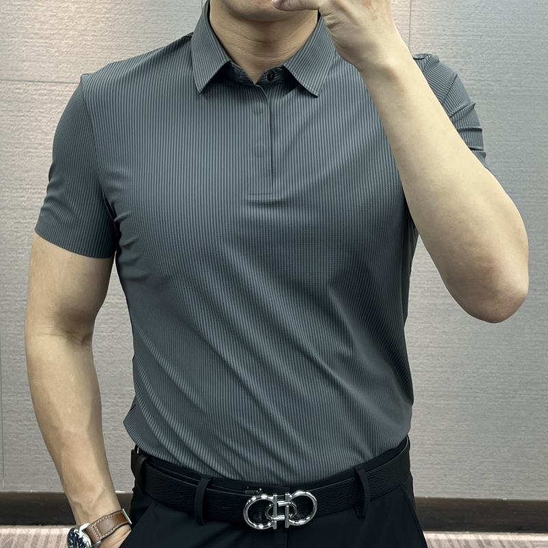 Summer New Seamless Buckle Lapel Thin Breathable Short Sleeve Polo Shirt Men's Solid Simple Patchwork Slim Smart Casual Top 2024