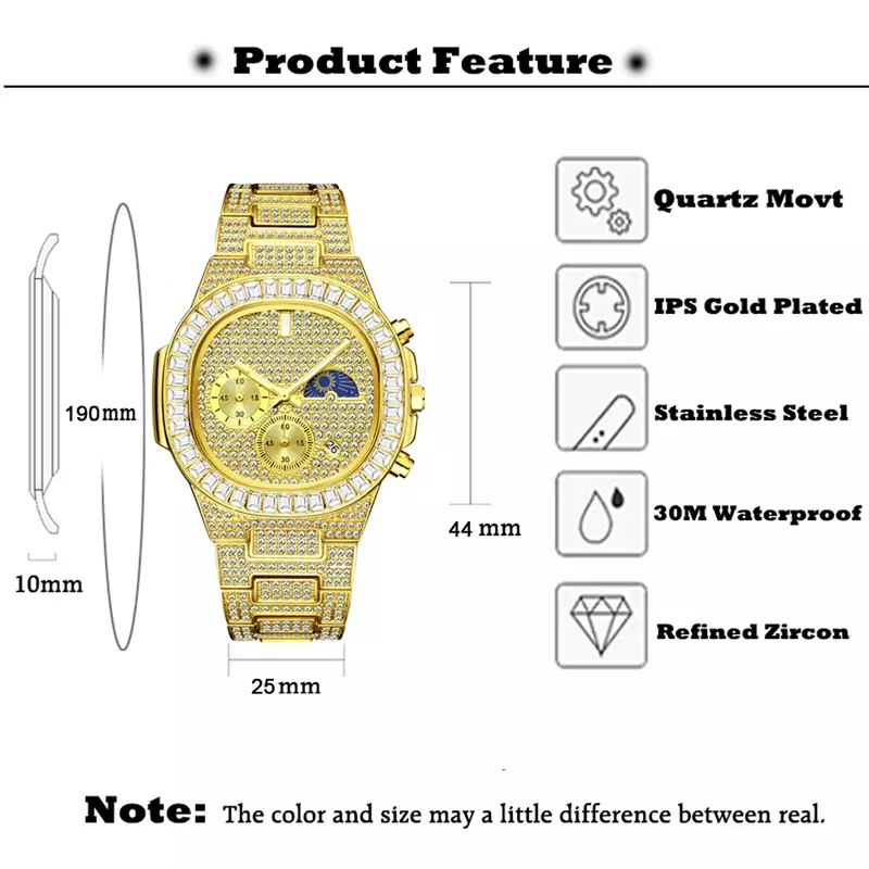 Full Bling Diamond Iced Out Watch for Men Hip Hop orologi da uomo orologio da lavoro da uomo in acciaio oro 18 carati orologi impermeabili con fasi lunari