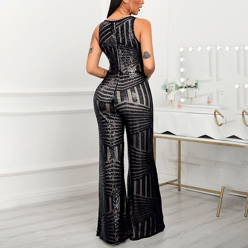 Sequined Jumpsuit Elegant Casual Workwear Party Romper Overalls Female Sleeveless Zipper Pocket Design Jumpsuits Women Fashion