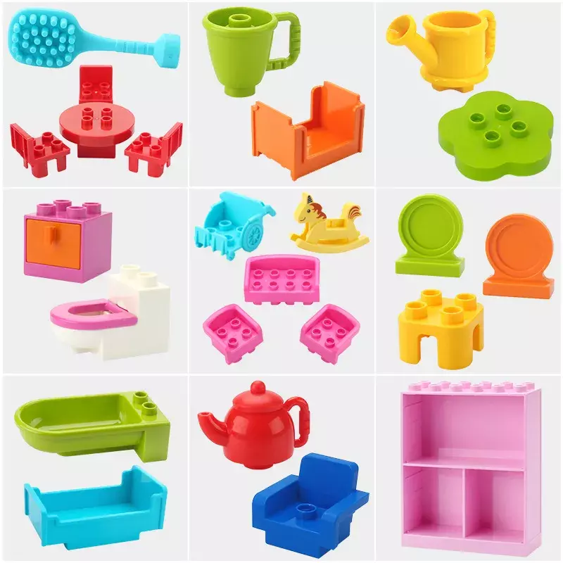 Big Building Blocks Compatible Indoor Furniture Accessories House Utensil Table Chair Bricks Assemble Toys Children Kids Gift