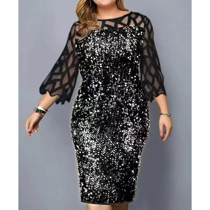 Women Plus Size Dress Sexy Hollow Out Net Yarn Lace Sequins Fashionable Tassel Women Clothing Solid Color Club Party Dresses