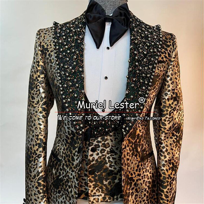 Leopard Wedding Suits For Men Fit Slim Black Beading Lapel Jacket Vest Pants 3 Pieces Formal Groom Tuxedos Custom Man Clothing