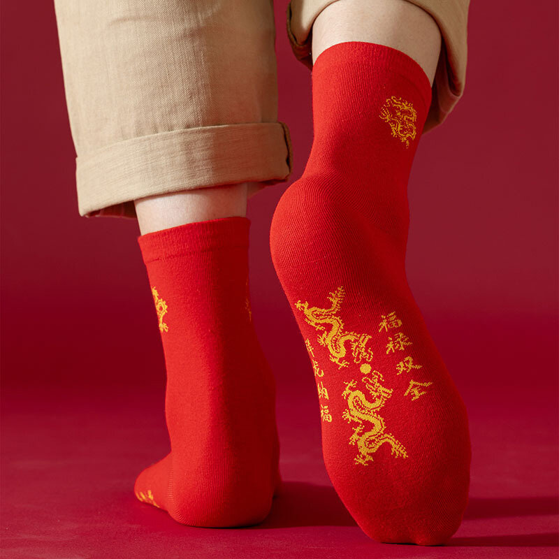 Mulheres respirável e suor-absorvente meias longas, meias de tubo vermelho, ano do dragão, fundo grosso