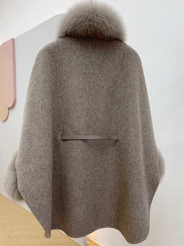 Abrigo de piel de zorro Real para mujer, capa de lana 100%, chaqueta cálida de Cachemira, cuello desmontable, abrigo grueso de lujo para mujer, Invierno