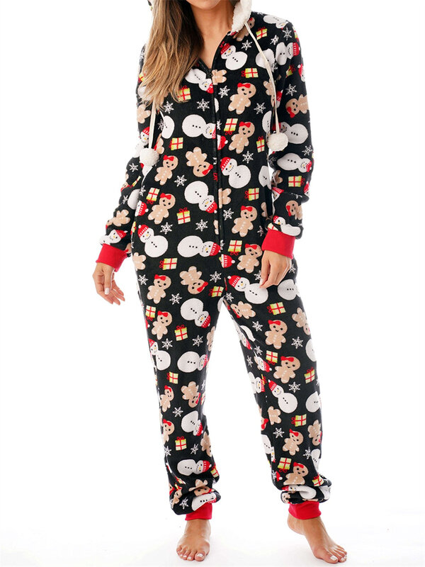 2024 Christmas Jumpsuit Pajamas Women Plaid Print Warm Long Sleeve Sleepwear Xmas Cute Zipper Up Hooded Overall Rompers