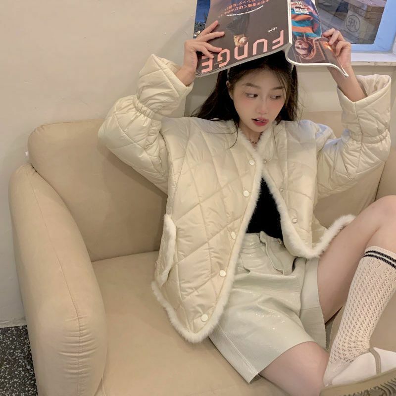 Jaqueta de algodão Lingge coreana feminina, leve chique, jaqueta curta feminina high-end, inverno, nova
