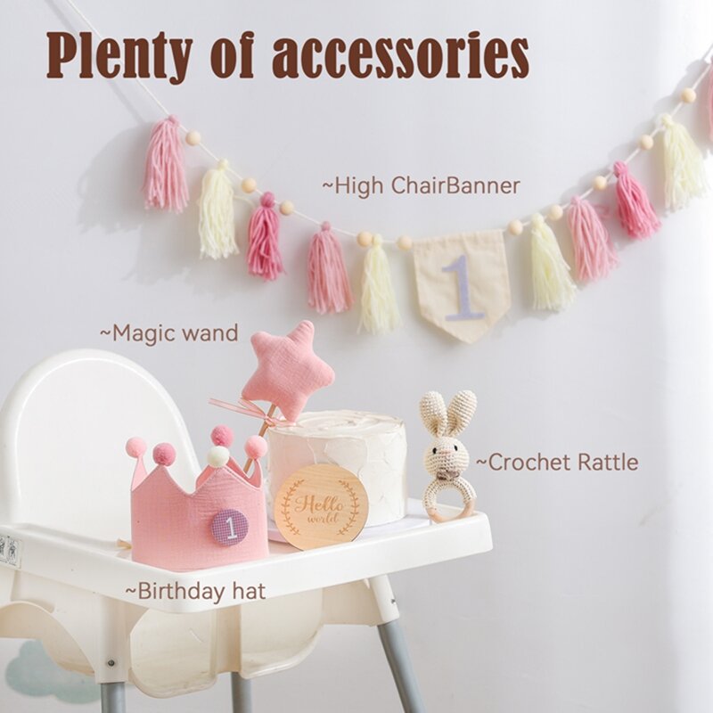 Happy Birthday Banner Tassel Pendant Crochet Rabbit Bear Rattles Toys Baby Birthday Party Magic Wand Crown Decoration Baby Gifts