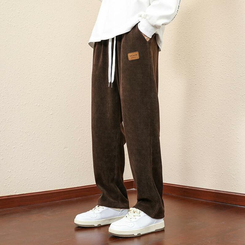Calça de pelúcia grossa masculina com cordão, calça de lã, perna larga, elástico na cintura, bolsos, quente, outono, inverno