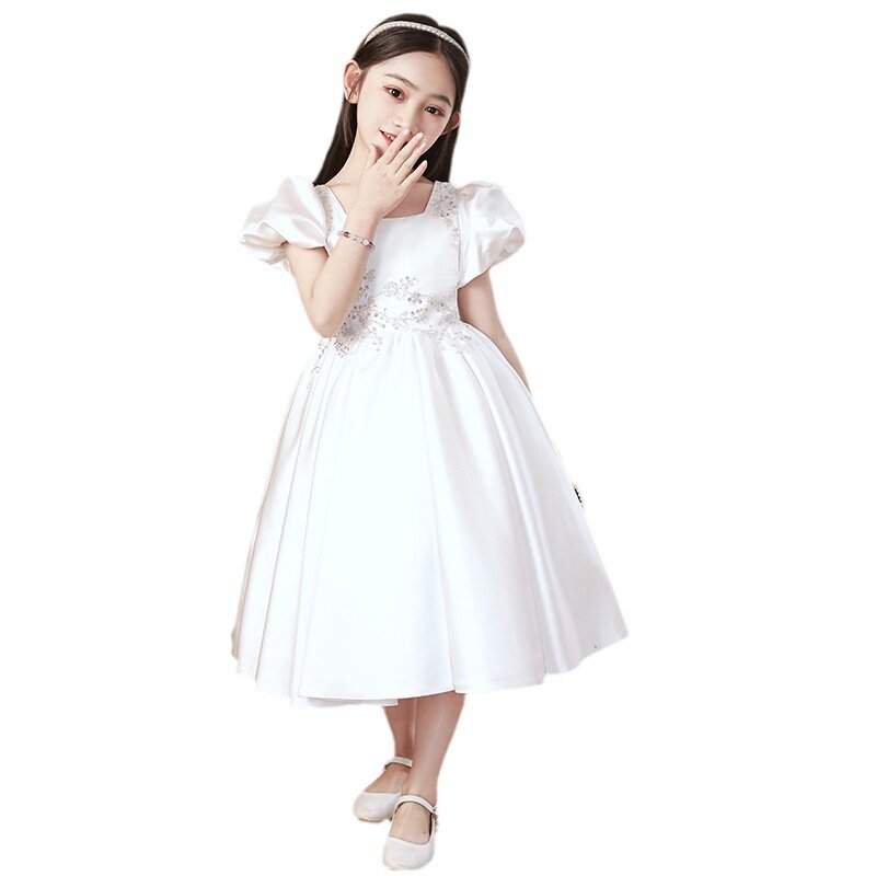 Vestido de princesa infantil branco, menina de flores, piano da menina performance traje