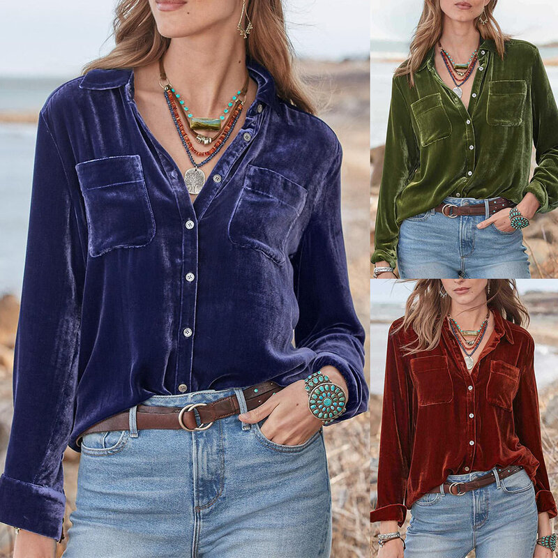 Vintage Style Solid Color Blouse Tops made of Retro Velvet Women\'s Button Down Shirt with Long Sleeves and V neck