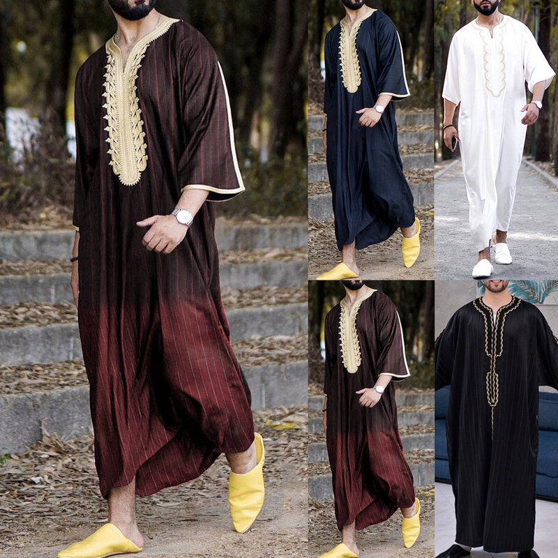 男性用ムスリムチュニック,長袖ドレス,イスラムスタイル,Vネック,着物,カフタン,ドバイ
