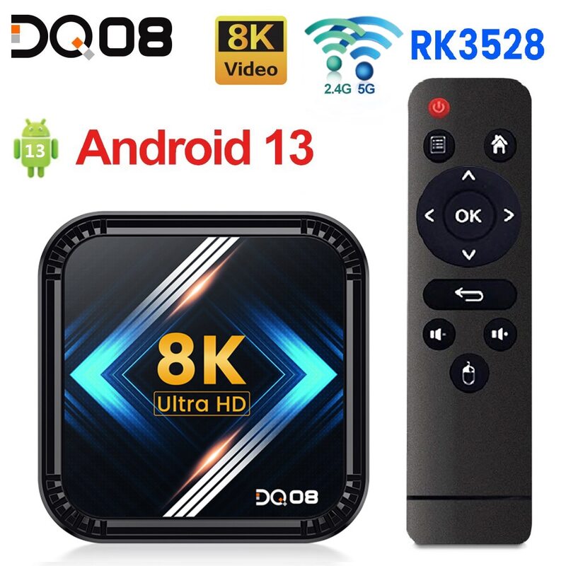 DQ08 RK3528 Smart TV caixa Android 13 Quad Core Cortex A53 suporte 8K vídeo 4K HDR10 + Dual Wifi BT Google voz 2G16G 4G 32G 64G
