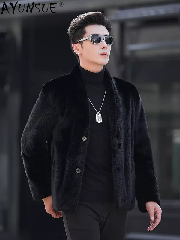 AYUNSUE-Manteau en fourrure de vison véritable pour hommes, veste à col en V, vêtements d'extérieur à simple boutonnage, noir, haut de gamme, hiver 2023