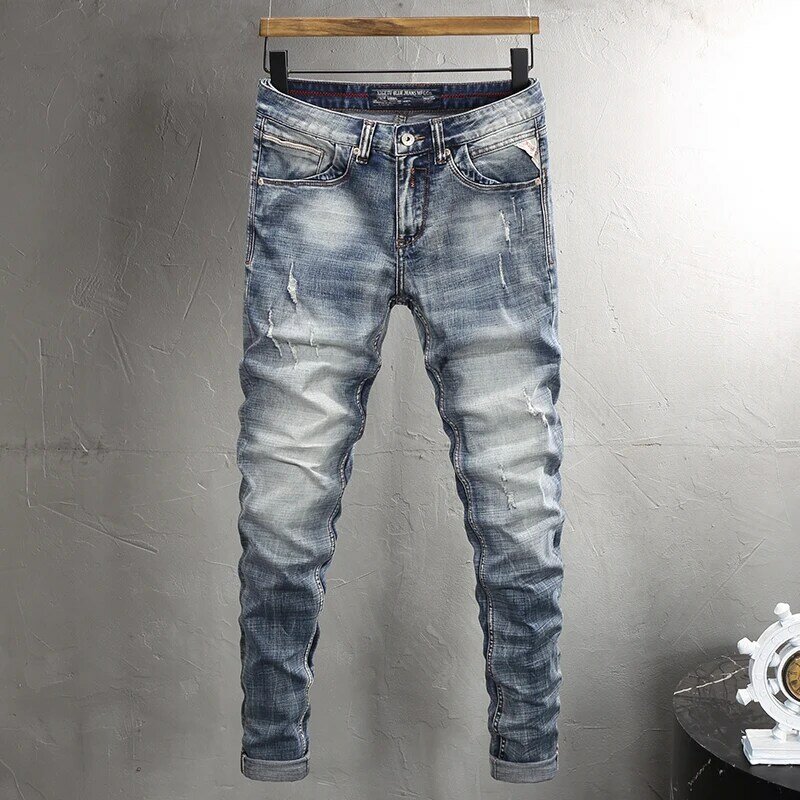 Estilo italiano retrô masculino lavado com elástico azul Slim Fit Rasgado Jeans, calça jeans designer vintage, moda de alta qualidade