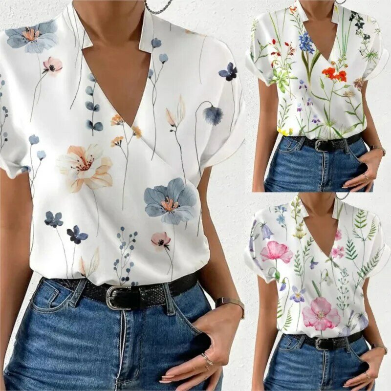 Shirts For Women 2023 Summer Loose V-neck Stand Collar Print Tops And Blouses Blusas Elegantes Finas Para Mujer Casual T Shirt