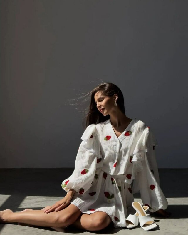 Fashion Cotton Linen Ruffle Shirt Skirt Two Piece Set For Women Summer Home Heart Pattern Long Sleeve Blouse Skirt