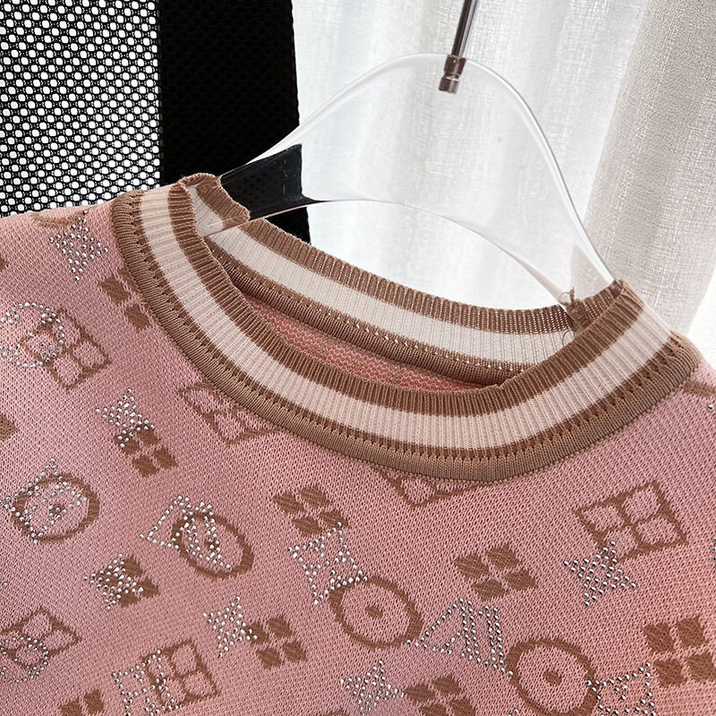 Camiseta de manga corta para mujer, ropa de punto con piedras brillantes, Vintage, de diseñador de lujo, ajustada, para ocio, 2024