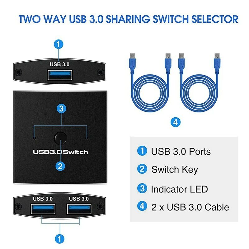 USB 3.0 스위치 선택기 KVM 스위치, 프린터 키보드 마우스 공유용, USB 3.0 양방향 공유기, 5Gbps 2 in 1 Out