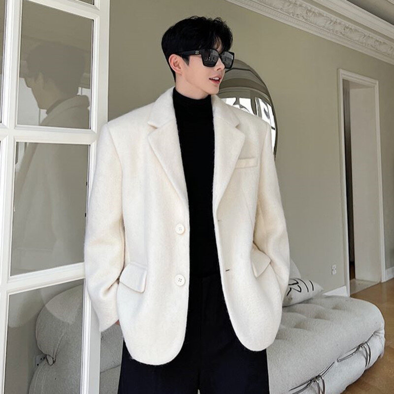 W koreańskim stylu szykowny męska kurtka wełniana modna, z klapami jednorzędowa płaszcz z kieszeniami 2023 jesienno-zimowa odzież męska różowa 9 c2886