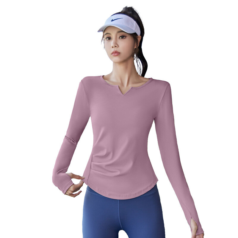 2023 Dames V-Hals Plus Wollige Yoga Kleding Lange Mouw Snel Droog Hoge Elastische Vouw Slanke Sport Fitness Top T-Shirts