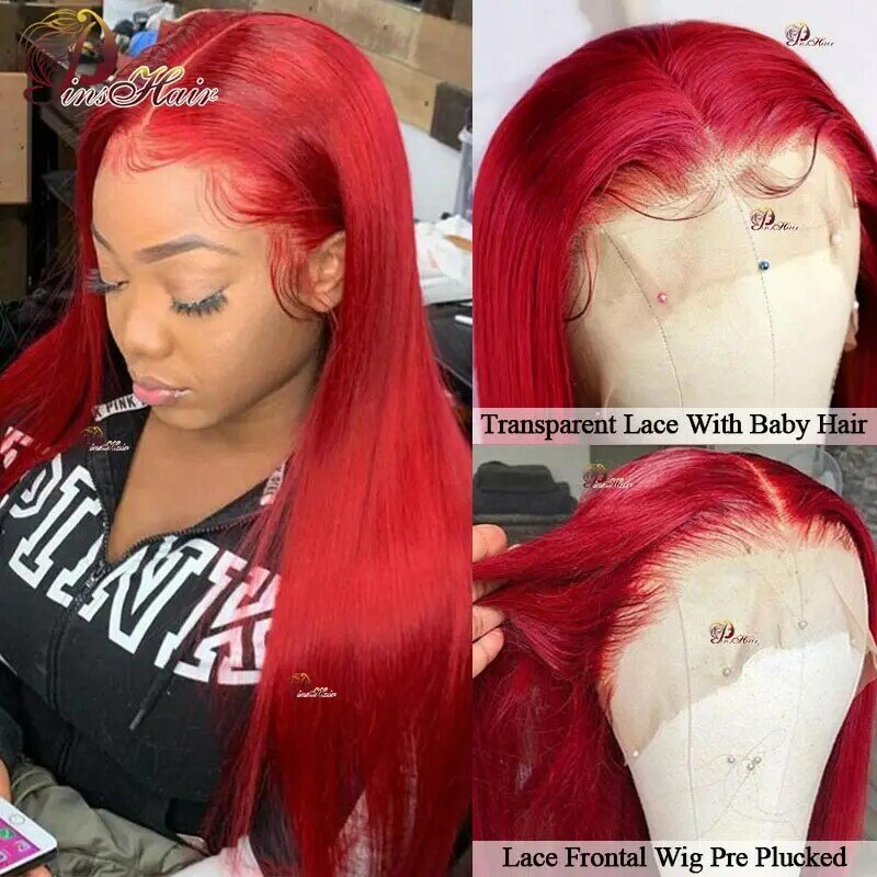 Peruca frontal de renda reta vermelha para mulheres, perucas remy de cabelo humano, peruca de renda transparente, vermelha brasileira, 99J, 13x6, 13x4, 180