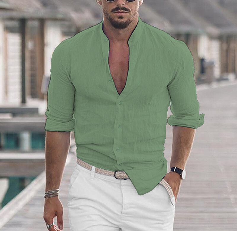Camisa casual de linho algodão masculina, gola simulada, manga longa sólida, top solto, moda bonito, primavera e outono, 2023