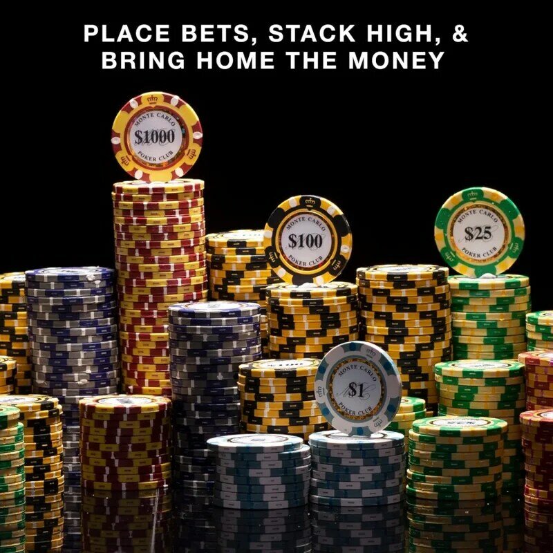 Набор для покера Brybelly, 14 г, 1000 штук, глиняные композитные чипы Монте-Карло, 14 г, с алюминиевыми фотографиями, игральными картами, кнопкой дилера