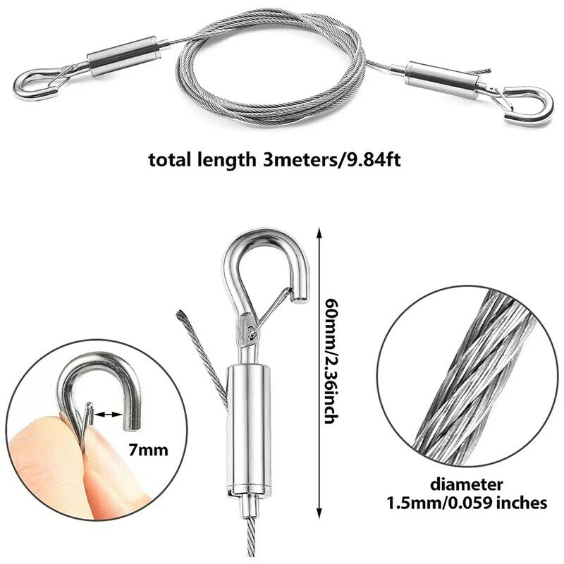 Ensemble de cadres de miroir à câble métallique en acier inoxydable réglable, 3m x 1,5mm, 4 pièces