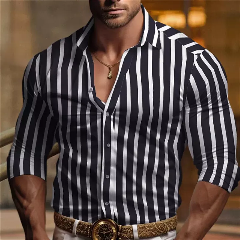 قميص رجالي مخطط منقوش بأزرار ، مريح ، خفيف الوزن ، طية صدر قابلة للتنفس ، رياضة غير رسمية ، طراز جديد ، موضة ،