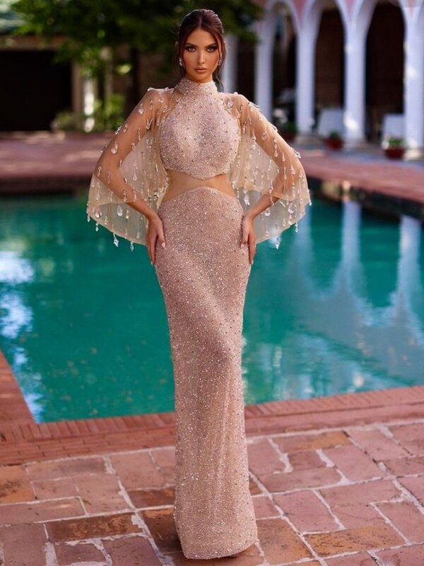 Sexy Illusion Sleeveless Cocktail Dresses Sparkly Sequins Crystal Evening Dress Luxury Straight Long Prom Gown Robe De Mariée