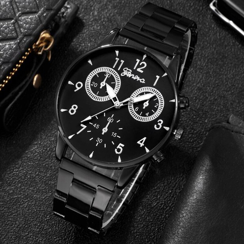 3ชิ้นเซ็ตแฟชั่นบุรุษนาฬิกาธุรกิจสร้อยข้อมือสีดำลำลองสร้อยคอจี้สแตนเลสนาฬิกาควอตซ์ relogio masculino