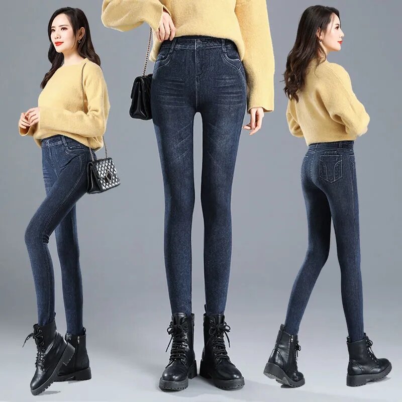 Năm 2022 Thời Trang Giả Túi In Giả Denim Quần Legging Giả Jeans Skinny Lưng Cao Lưng Thun Quần Bút Chì Hông Sexy Nâng Quần Legging Nữ
