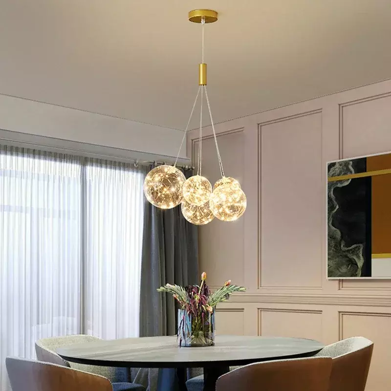 Lampu gantung bola kaca Nordic, lampu gantung kristal gelembung emas dekorasi rumah ruang makan ruang tamu