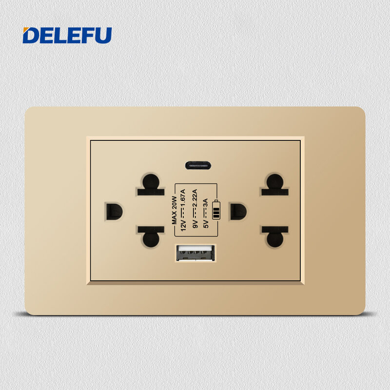 Delefu/Thailand/EU standard 118x74mm wall socket, Gold PC panel USB C charging socket, 15A wall light switch, 5