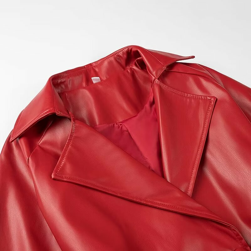 Chaqueta de cuero sintético con doble botonadura para mujer, abrigo informal de manga larga con cinturón, Top elegante, 2024