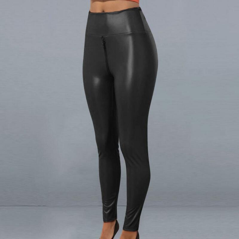 Celana ketat wanita celana Bodycon eksotis untuk wanita celana kulit imitasi seksi dengan selangkangan terbuka ritsleting kontrol perut untuk pesta
