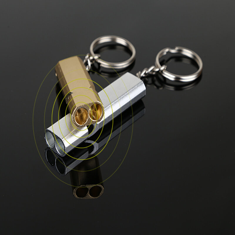 Portátil Alumínio Emergência Keychain, Dual-Tube Survival Whistle, Segurança, Caminhadas ao ar livre, Camping, Multi Ferramenta