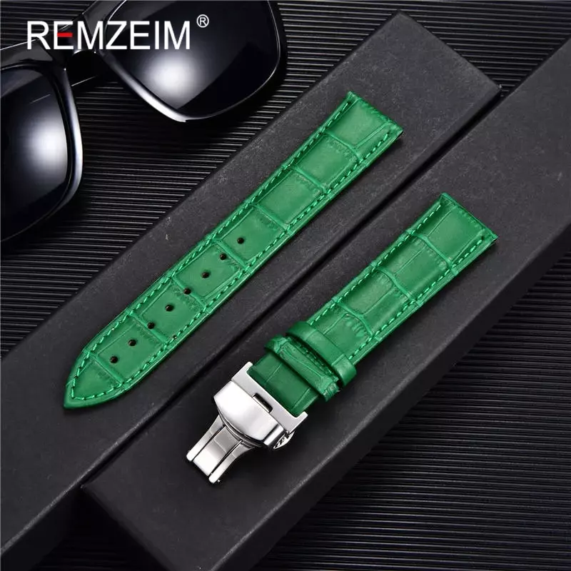 REMZEIM Bamboo Pattern Genuine Leather Watch Strap First layer Cowhide Watch Band 18/20/22/24mm With Steel Butterfly Buckle