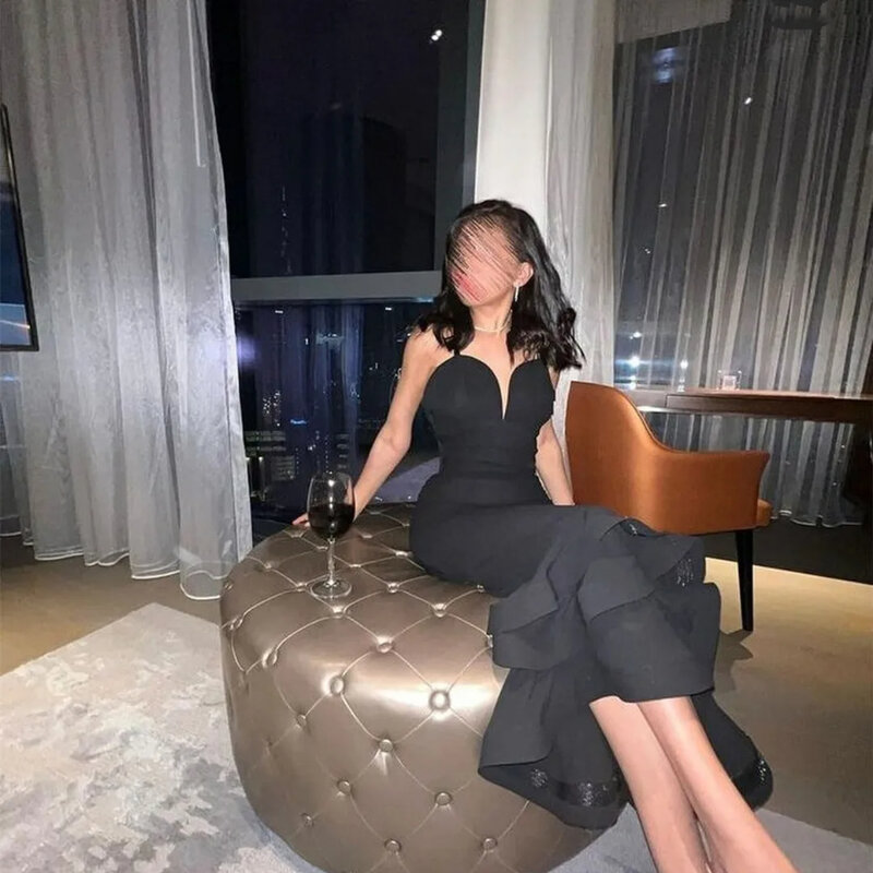 Robe de soirée noire à volants sans bretelles pour femmes, robe de soirée arabe sexy, robe de sirène longue, robe de Dubaï, sur mesure, 2023