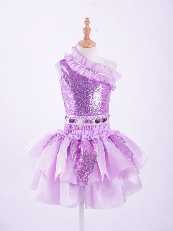 Детский танцевальный костюм для девочек, блестящие топы с юбкой-пачкой и манжетами
