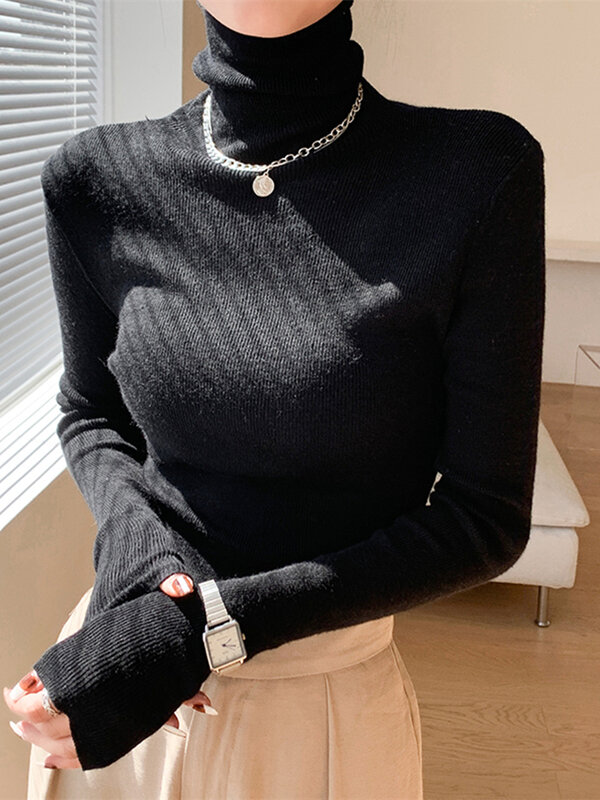 Spring Autumn Turtleneck Knitted Women's Sweaters 2022 New Long Sleeve Bottoming Solid Sweater Female Chic Slim Tops Black
