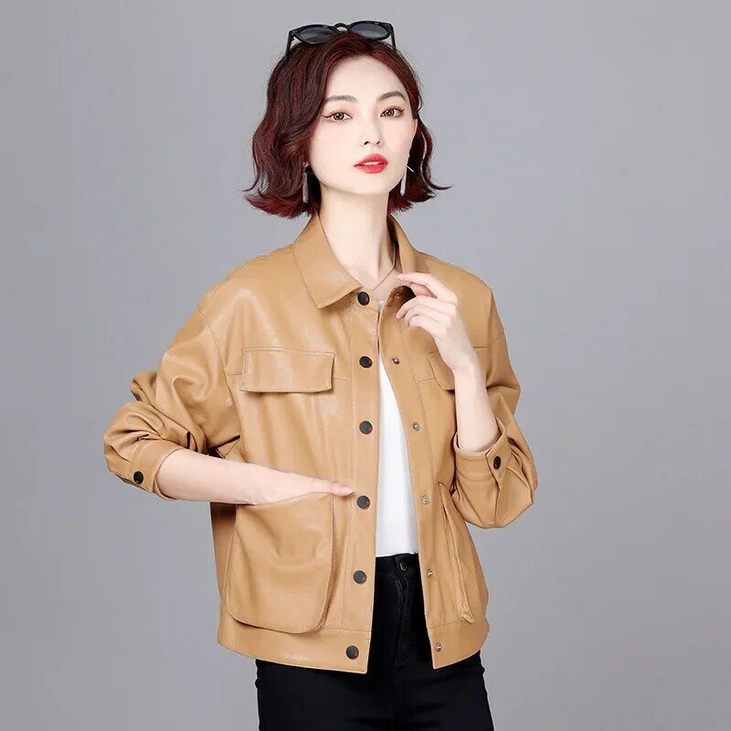 Autumn Winter Womens Leather Jacket 2023 Short Lapel Leather Jackets for Women Fashion Korean Loose Coat Single Breasted Jaqueta
