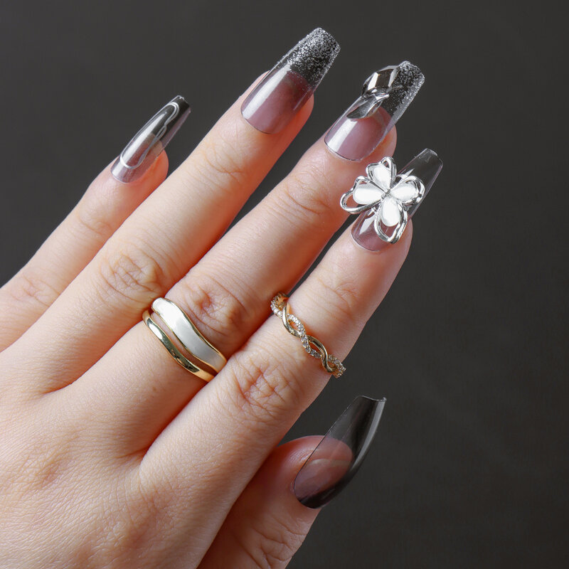 24 шт., накладные ногти ручной работы с черными бриллиантами