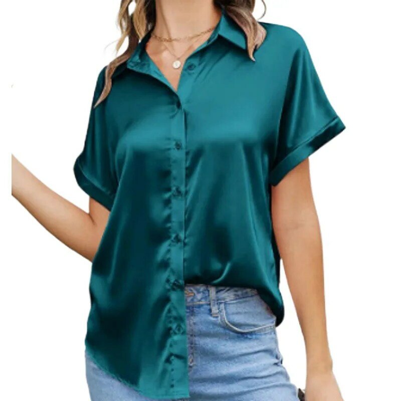 Women's Silk Satin Short Sleeved Single Breasted Casual Loose Shirt Office Top