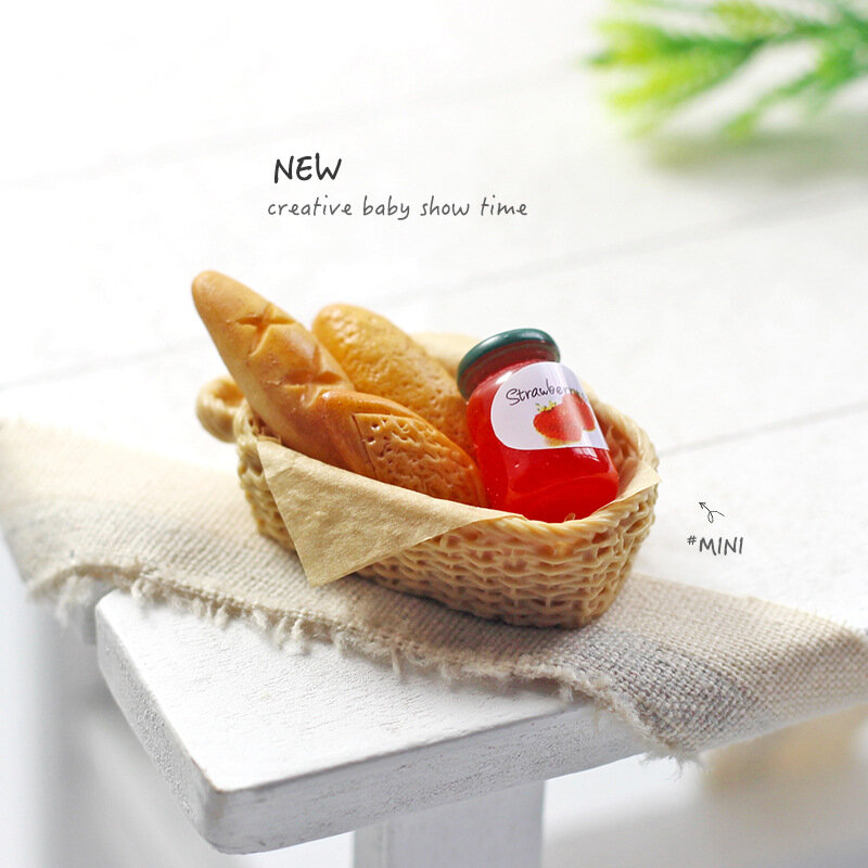 1Set Basket Toys Miniature Food Toy Mini Jam Bread Basket Set Dollhouse Decoration Accessory Kitchen Toys