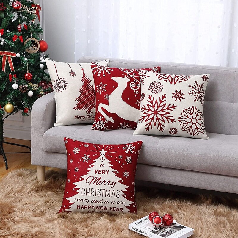 Christmas Pillow Covers 18X18 Set Of 4,Farmhouse Christmas Decor For Home,Xmas Decorations Throw Cushion Case For Home