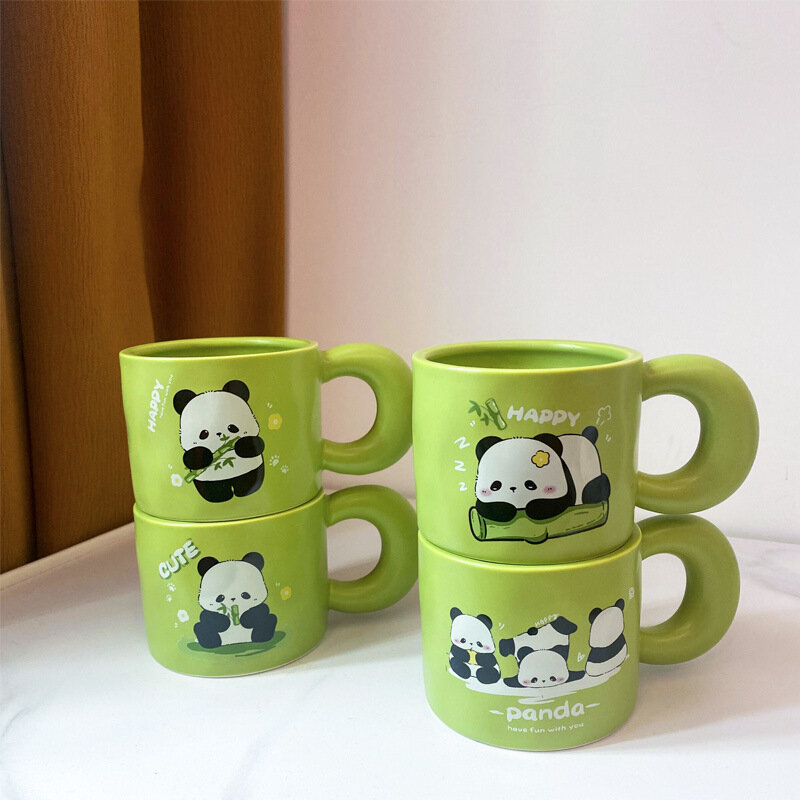 Taza de café pintada a mano, Taza de cerámica de Panda encantador de dibujos animados, regalo de taza para beber para parejas y niños